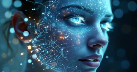 Digital Transformation Human-AI Symbiosis, Futuristic Woman Portrait - Powered by Adobe