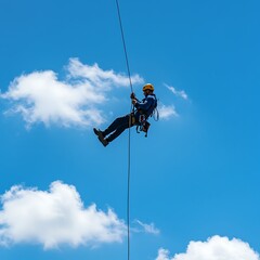 A  man in a climbing harness, wearing a helmet, is suspended from a thin rope against a vivid, clear blue sky. 