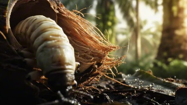 Close-up of a chontacuro emerging from coconut shell in a lush forest, sunlight filtering through leaves, highlighting the vibrant environment - chontacuro