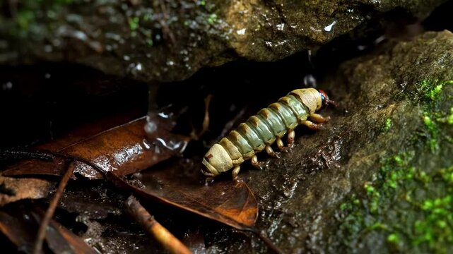 Close-up view of a unique larva crawling over wet leaves near a rocky surface in a lush forest environment - chontacuro