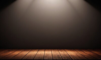 Warm light shines on a dark background with a rustic wooden floor below