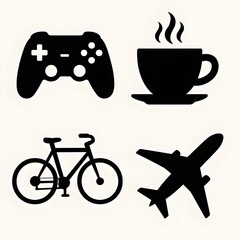Minimalist Icon Set &ndash; Gaming, Coffee, Bicycle, and Airplane Symbols