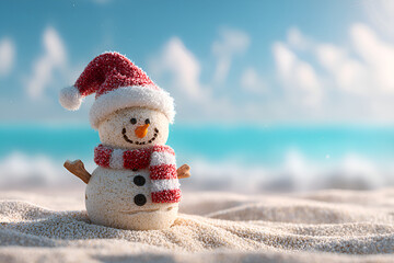 Adorable Snowman On Tropical Beach Christmas Holiday