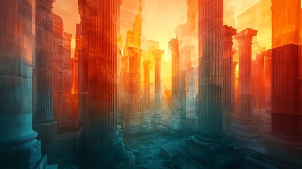 Obraz premium Ethereal ruins bathed in the glow of sunrise: Architectural fantasy landscape