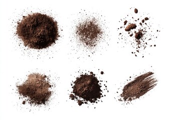 Six variations of dark brown powder, ranging from clumps to scattered particles, against a white background.  Each pile exhibits distinct textures and degrees of dispersion