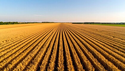 Aerial view of a vast, lush wheat field with golden ripe crops, neatly organized rows