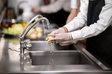 Close up of gloved hands chef washing or cleaning a peeled onion with tab water in kitchen sink.