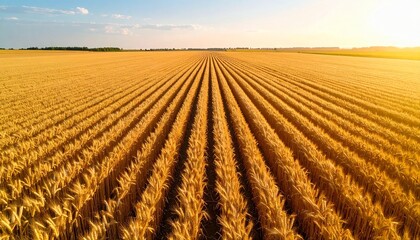 Aerial view of a vast, lush wheat field with golden ripe crops, neatly organized rows