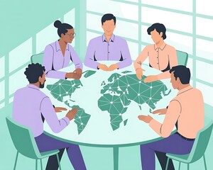 Naklejka premium Diverse Global Business Team Collaborating Around a Digital World Map Table in Modern Office Environment – International Partnership Concept Illustration