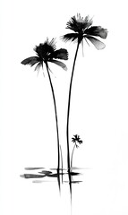 Obraz premium Ink wash painting of three palm trees, their silhouettes, and reflections in a still body of water. The style suggests a minimalist aesthetic