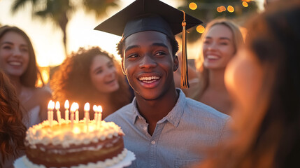 Teenager in graduation cap is surprised and excited as a birthday cake with candles is presented to him. Warm, festive, and full of emotion picture. 