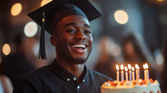 Teenager in graduation cap is surprised and excited as a birthday cake with candles is presented to him. Warm, festive, and full of emotion picture. 