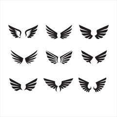 Set of Nine Stylish Black Wing Icons, a collection of nine distinct wing designs.