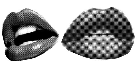 Two sensual lips in halftone style isolated on transparent background