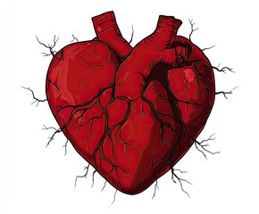 Detailed illustration of a human heart, highlighted by intricate blood vessels.  Red heart shape,  anatomically accurate,  with visible veins radiating from the organ
