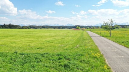 Scenic rural landscape with a winding road through lush green fields.