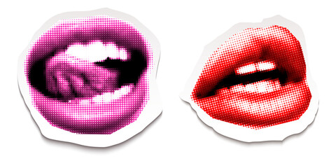 Two pop art lips halftone style stickers isolated on transparent background