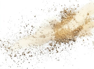 Light and dark beige powder exploding in a swathe against white background.  Small, granular particles in a dynamic, streaking design