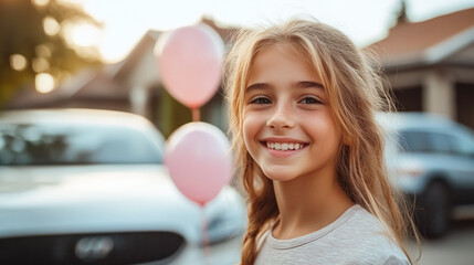 Teenage get a first car for birthday , happy teenage stand near a car.