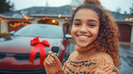 Teenage get a first car for birthday , happy teenage stand near a car.