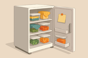 An open fridge filled with labeled containers of colorful food, vegetables, and meals organized neatly for storage or reuse.