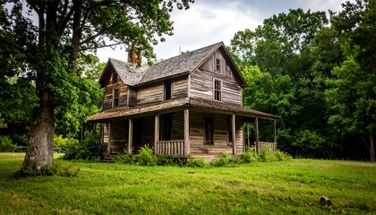 Abandoned Wooden Farmhouse in Woods.