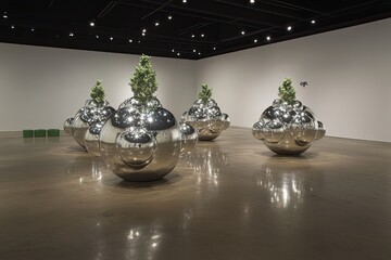 Shiny, reflective spheres, clustered together, topped with small green plants, displayed in a spacious gallery