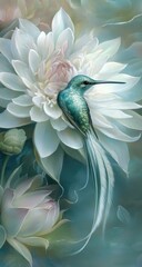 Delicate hummingbird, perched on a cluster of large, pale white flowers, with soft pastel tones and a long, flowing tail
