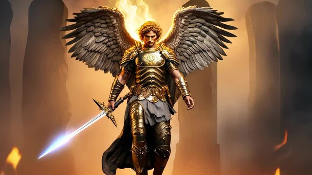 An Angel wearing his armor and his sword in the war against evil