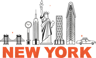 New York culture travel set, famous architectures and specialties in flat design. Business US tourism concept clipart. Image for presentation, banner, website, advert, flyer, roadmap, icons