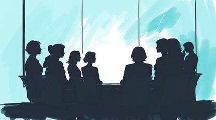 Silhouetted group of women in a conference room with a large window, meeting together