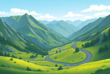 Ideal for road trip vibes and adventurous getaways in nature - A scenic mountain road winding through a lush green valley with clear skies above