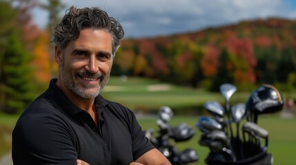 Middle aged professional golfer posing in a golf course while smiling.