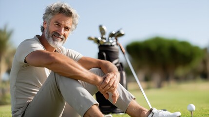 Middle aged professional golfer posing in a golf course while smiling.