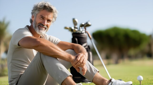 Middle aged professional golfer posing in a golf course while smiling.