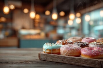 Delicious Assortment of Donuts. Freshly baked donuts displayed on wooden board in cozy cafe.