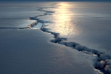 a cracked ice surface with intricate, delicate fissures spreading across the frozen layer, captured in stunning detail with soft lighting to highlight the sharp contrast of texture.