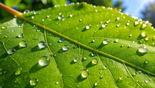 Dewdrops on Green Leaf with Sunlight. (1)