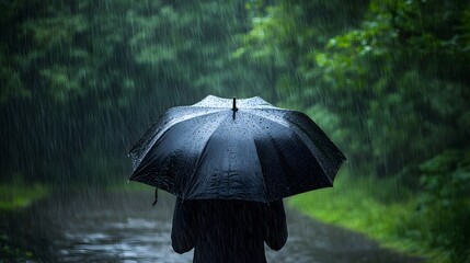 A person under an umbrella standing alone in heavy rain