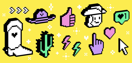 3D vintage cowboy and cowgirl icon emoji. Pixel art. Y2k collage sticker set. Cowboy hat, cowboy boot, cactus emoji. 3D bright retro digital wild west geometric objects isolated on yellow background