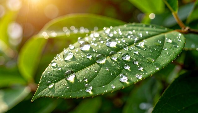 Dewdrops on Green Leaf with Sunlight.
