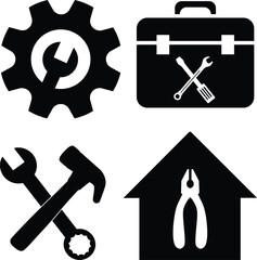 Set of Black Tool Icons Gear Toolbox Wrench Hammer Pliers and Home Repair Symbol Perfect for Construction Maintenance and Engineering Themes