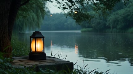A single lantern floating on a quiet river
