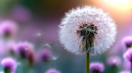 Giant dandelion puff ball releasing seeds in a colorful spring garden at sunset