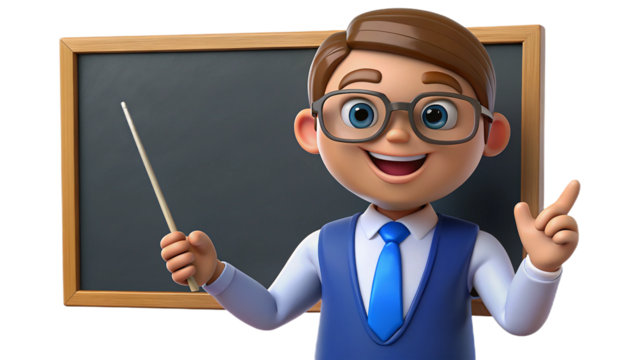 Cheerful cartoon teacher pointing at blackboard with pointer stick and smiling broadly - Powered by Adobe