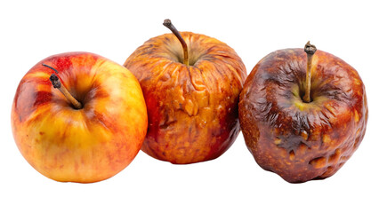 three rotten apple isolated on white background , PNG