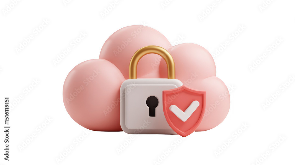 Fototapete Pink cloud with closed padlock and shield with check mark symbolizes secure cloud storage and data protection, with transparent background for easy integration into various projects
