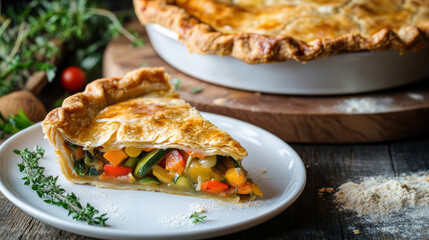 Freshly baked vegetable pie slice on plate with herbs and ingredients in rustic setting.