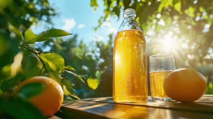 Refreshing summer citrus drink with juicy oranges and sunlight on wooden table outdoors.