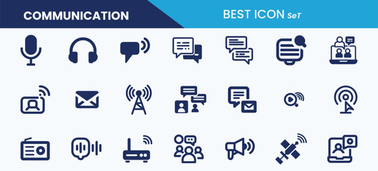 Best communication icon set collection. Talk, message, online meeting, podcast, radio, video call, voice chat and vector illustration.